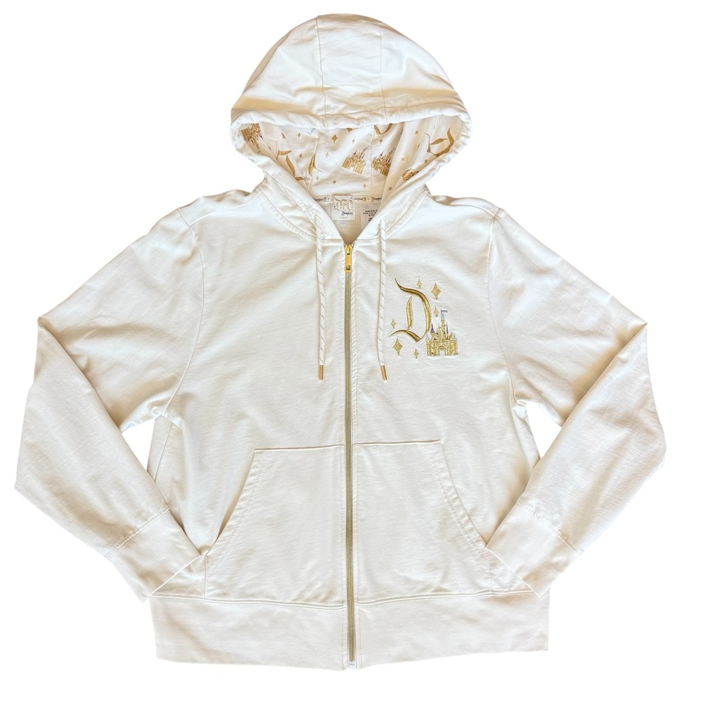 Disneyland 70th Anniversary Castle Embroidered Zip Hoodie Womens L Cream Gold